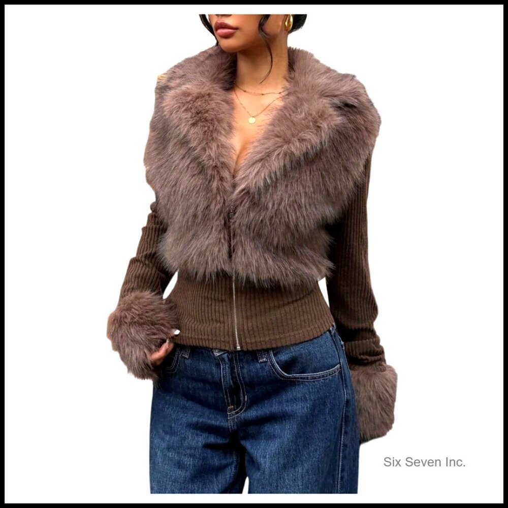 Faux Fur Zip Jacket Slim Fit Fuzzy Collared Outerwear Winter Coat Chic